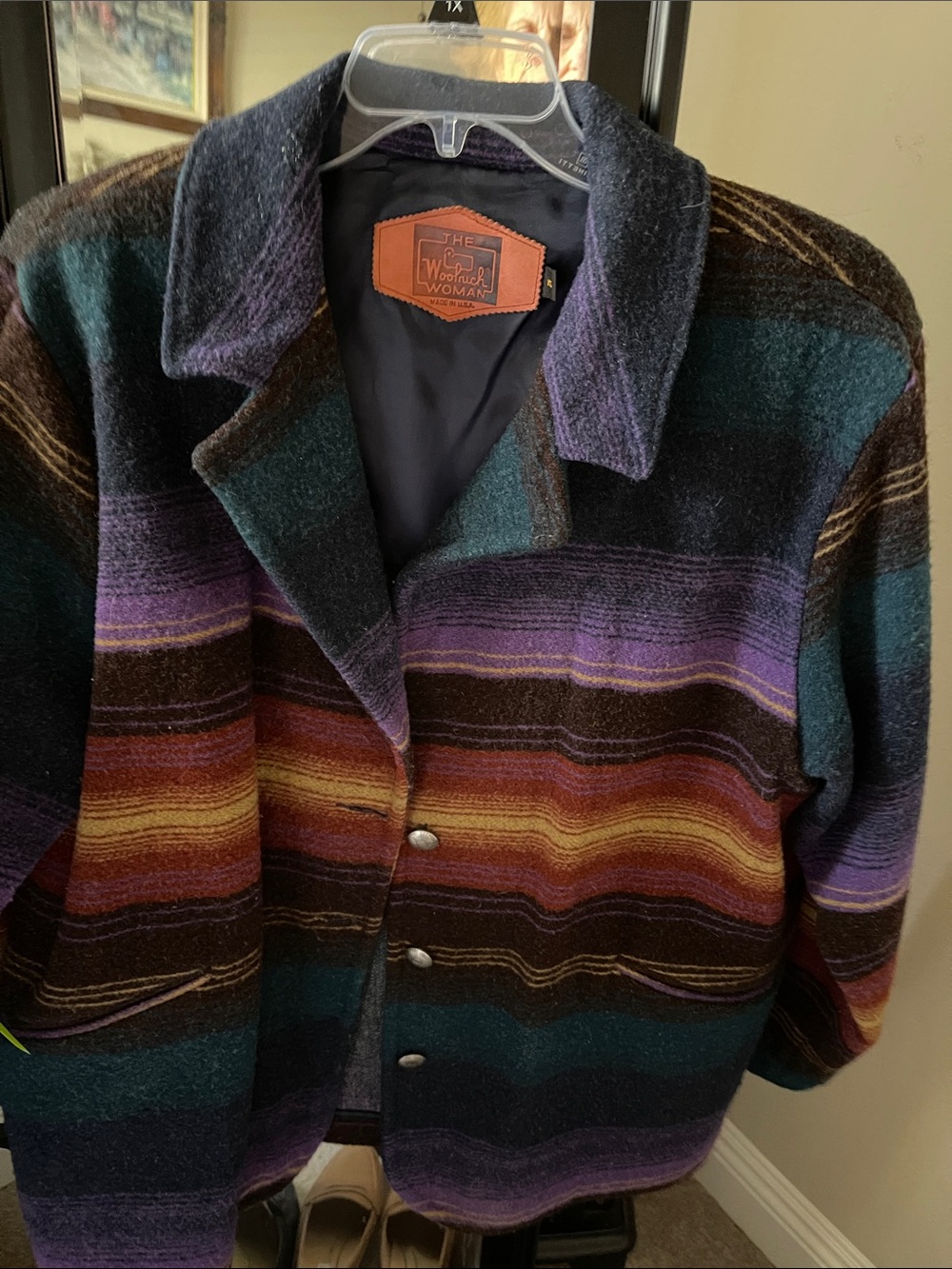Woolrich Multicolor Striped Wool-Blend Utility Jacket in Teal, Purple, Brown